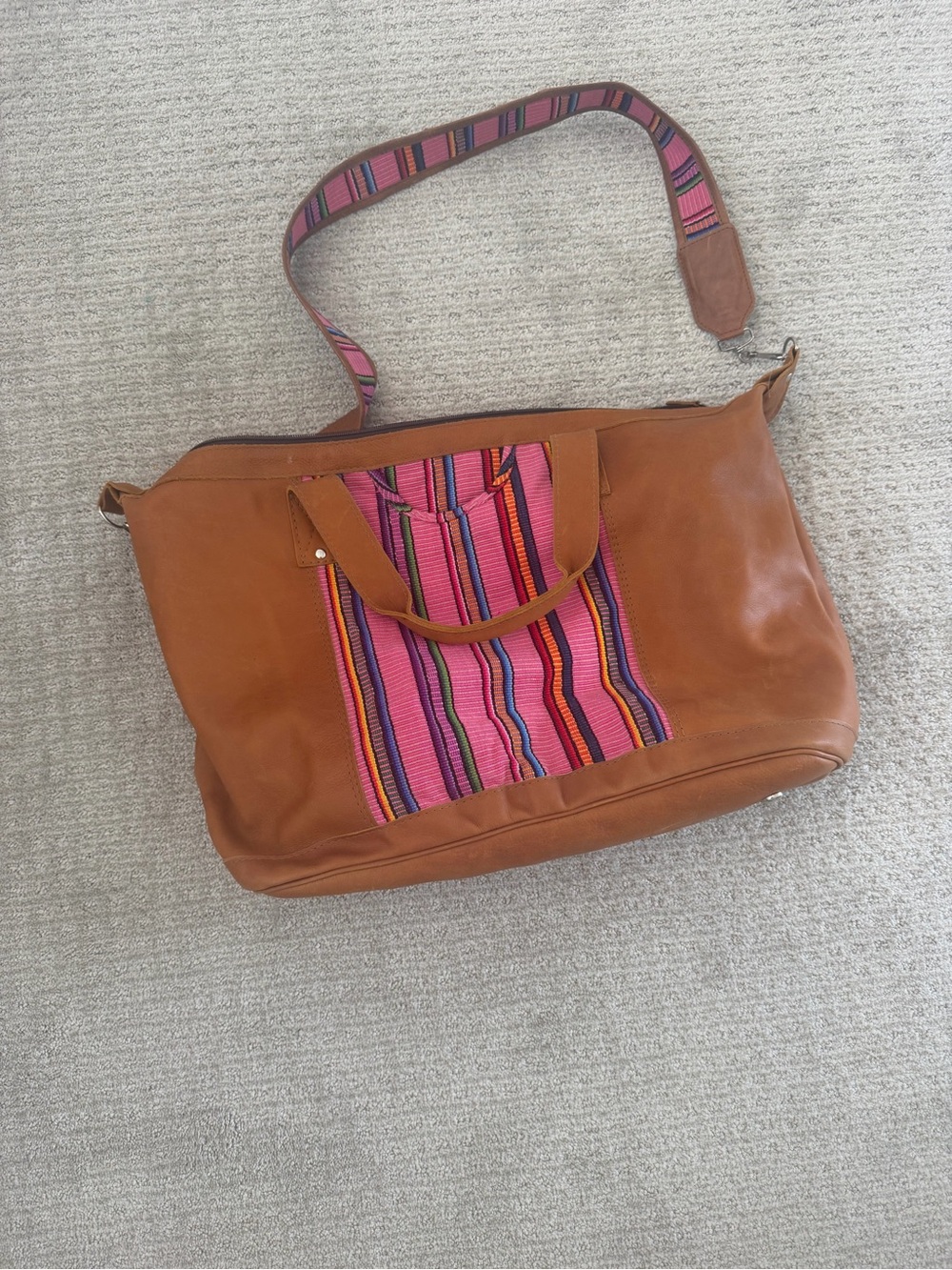 Nena & Co. Tan Leather extra large Tote with Pink Multicolor Stripe Panel